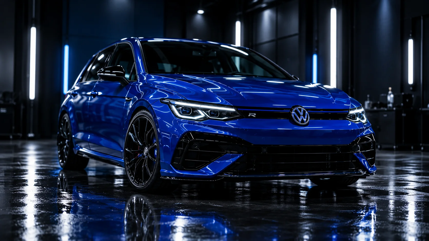 Niebieski Volkswagen Golf R w ciemnym studiu auto detailingu, z odbiciami światła na lakierze