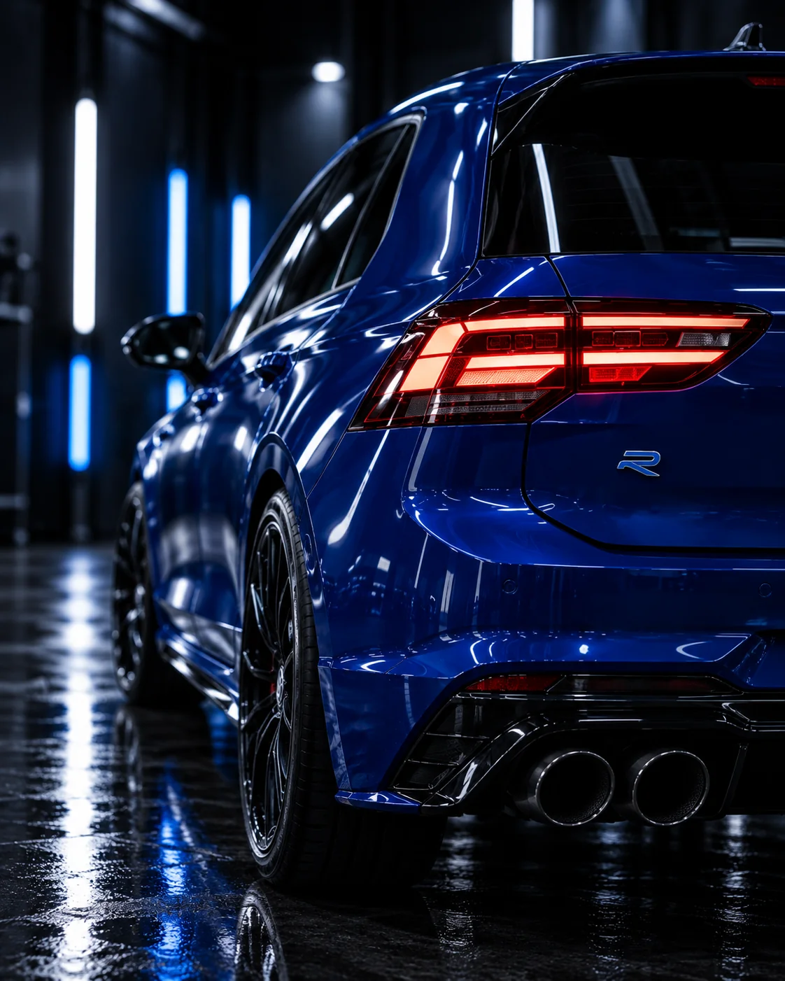 Tył niebieskiego Volkswagena Golfa R z rozświetloną lampą i odbiciami światła na karoserii