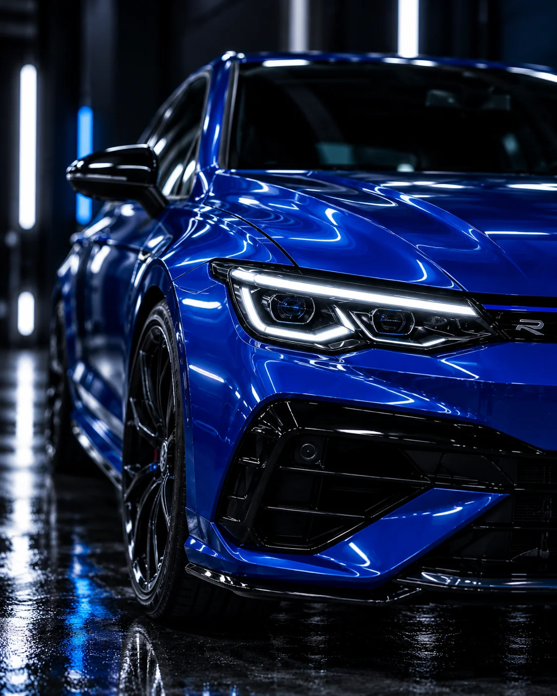 Zbliżenie reflektora LED, przedniego błotnika i niebieskiego lakieru Volkswagena Golfa R